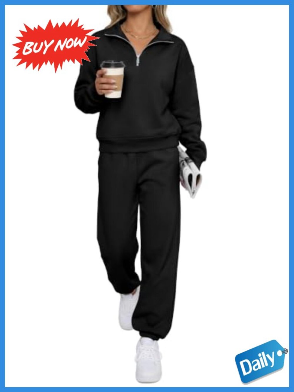 2 Piece Fleece Sweatsuit Quarter Zip Pullover Jogger Lounge Set Women